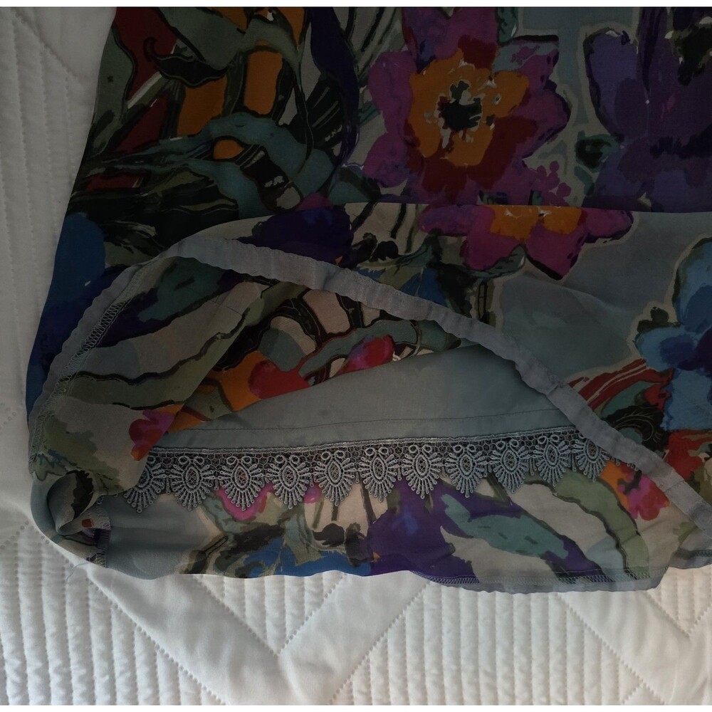 Anthropologie Floreat Silk Dress Womens Size 2 Blue With Floral Lined Skirt - Picture 7 of 9
